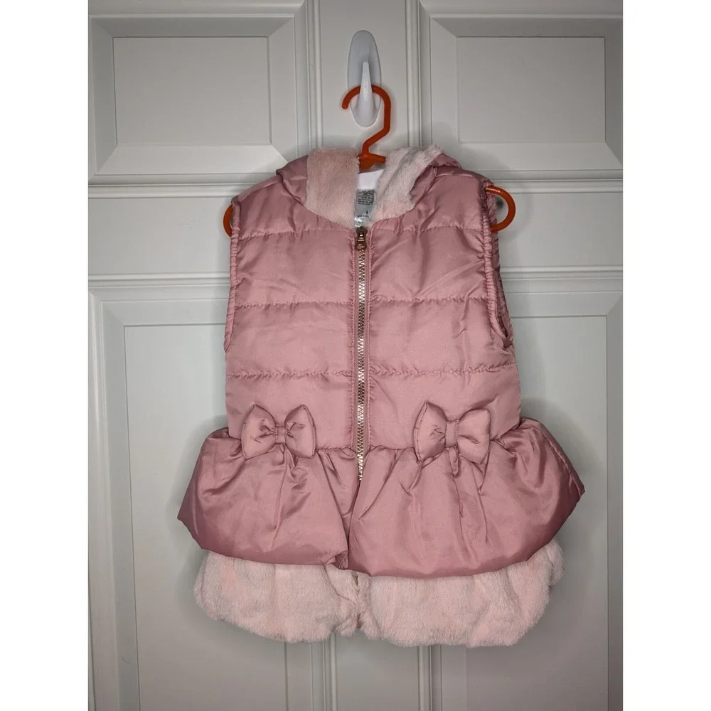 Little Lass Faux Fur Pink Quilted Hooded Puffer Vest With Bows Girl's Size 6 EUC